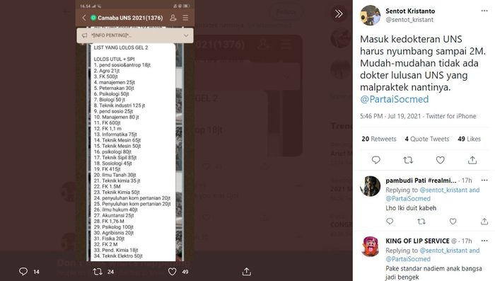 Cuitan pengguna Twitter soal sumbangan masuk Fakultas Kedokteran UNS