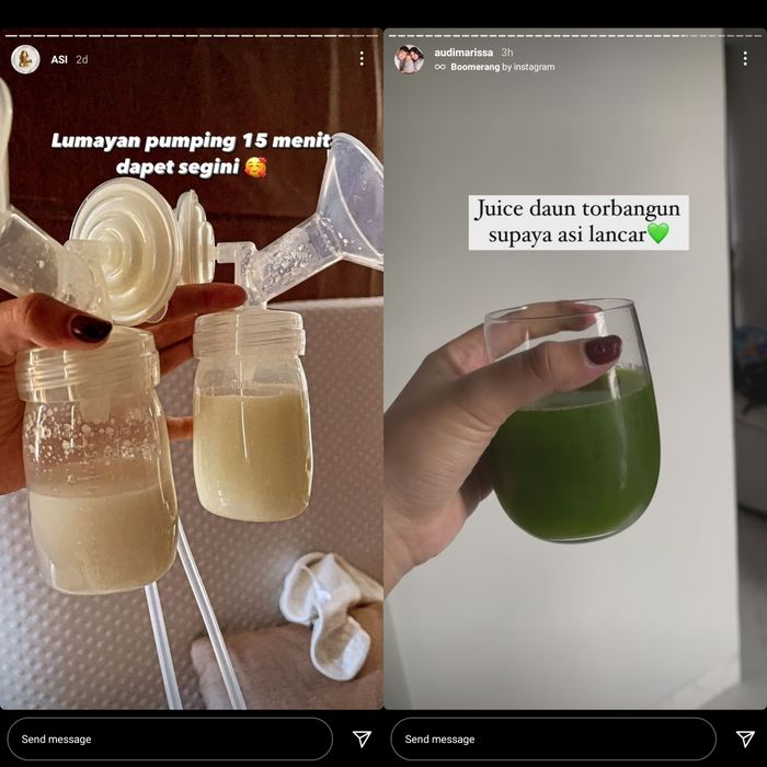 Unggahan Audi Marissa yang mengonsumsi jus daun torbangun untuk meningkatkan produksi ASI.