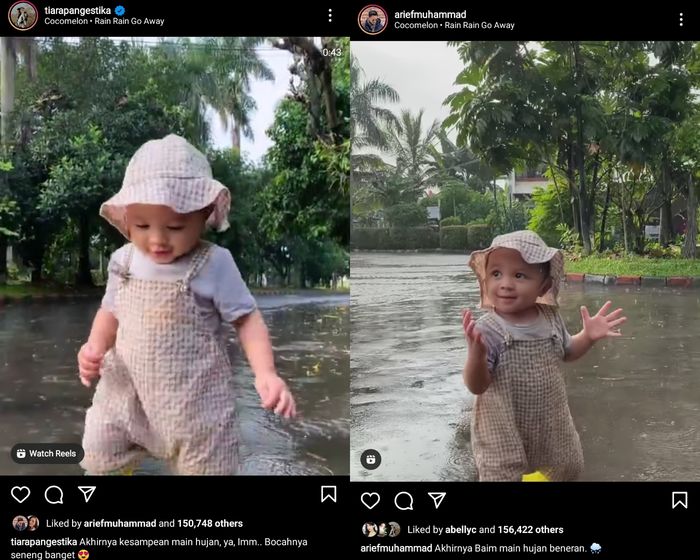 Unggahan Arief Muhammad dan Tiara Pangestika saat anaknya main hujan.