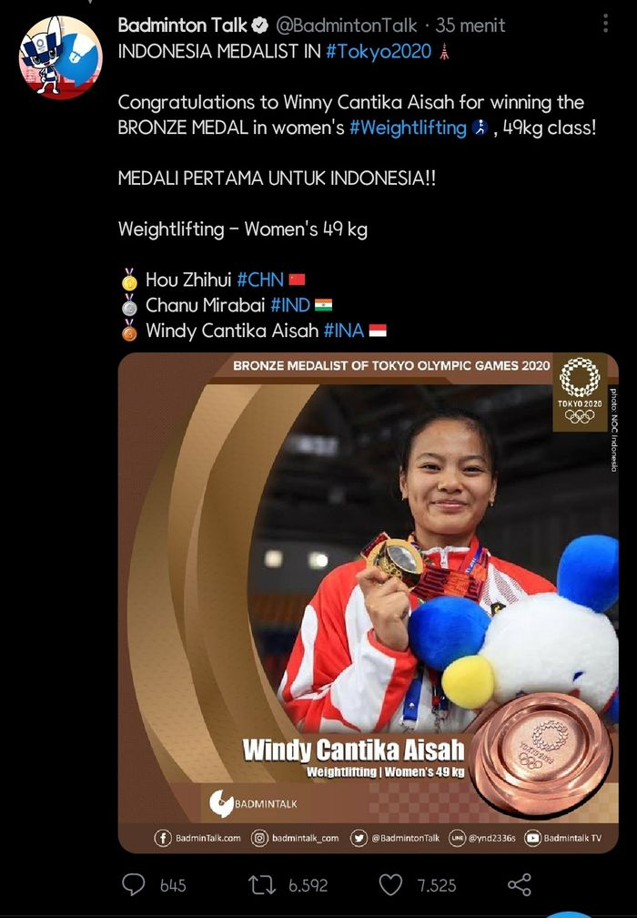  lifter bernama Windy Cantika Aisah ini telah menjadi atlet pertama yang mempersembahkan kemenangannya untuk Tanah Air.