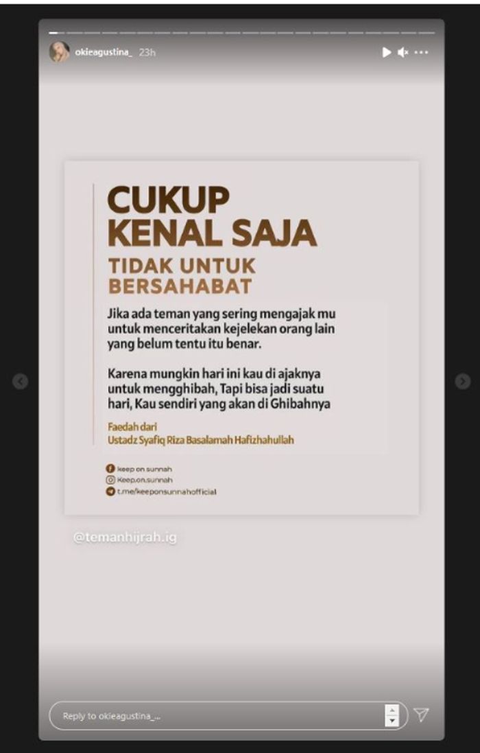 Postingan Okie Agustina di media sosial.