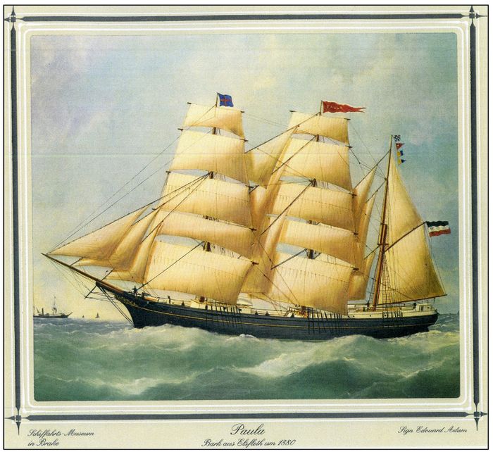 Lukisan perahu sekunar 'Paula' pada 1880 karya pelukis Edouard Adam.