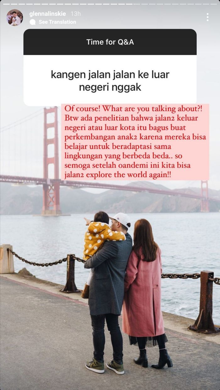 Unggahan Glenn Alinskie yang menjelaskan manfaat traveling untuk anak.