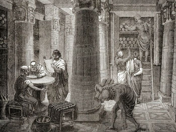 Perpustakaan Agung Alexandria, Mesir oleh Ward and Lock's Illustrated History of the World, diterbitkan sekitar 1882.