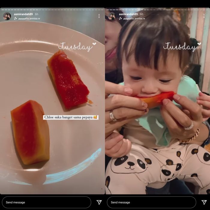 Unggahan Asmirandah yang memperlihatkan anaknya mengonsumsi buah pepaya.