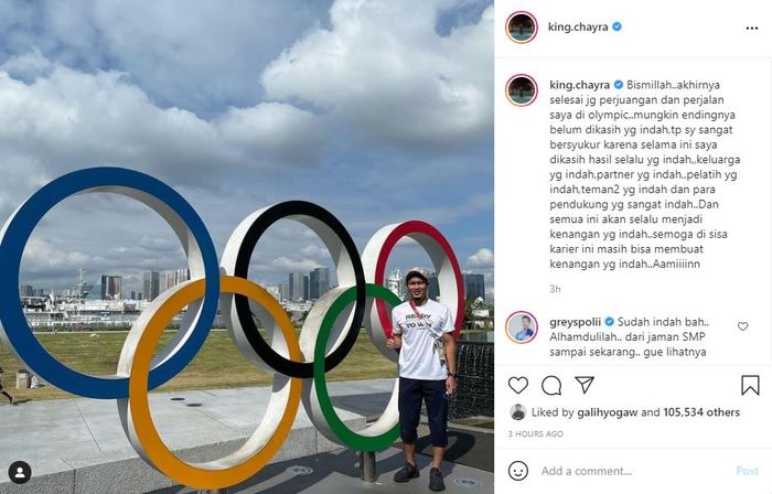 Potret Mohammad Ahsan di depan ikon Olimpiade Tokyo 2020, menandai perjuangan terakhirnya di Olympics sebelum pensiun