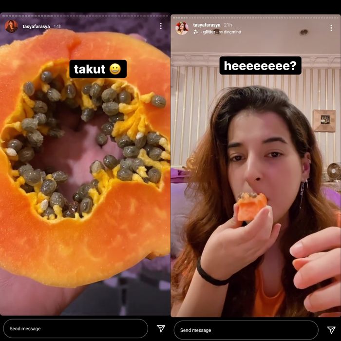 Unggahan Tasya Farasya yang mengonsumsi buah pepaya dengan bijinya.