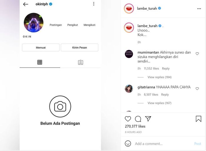 Akun Instagram Okin hilang usai ramai dihujat netizen.