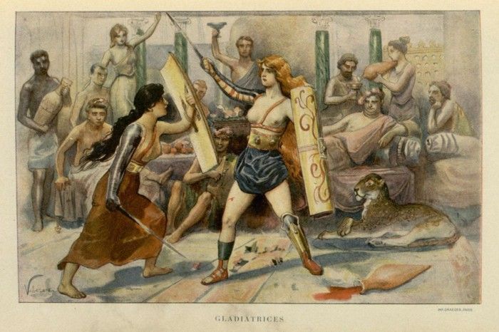 Impresi seniman tentang gladiator wanita yang menghibur menghibur orang-orang kaya di Roma.