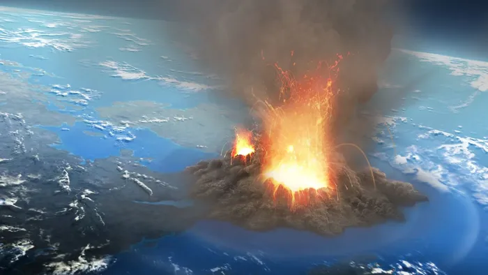 Gambaran seniman tentang erupsi supervolcano pada masa purba. Hasil studi Rutgers University sejalan dengan bukti arkeologi yang menunjukkan bahwa letusan Toba memiliki dampak pada perkembangan spesies hominid di Afrika.