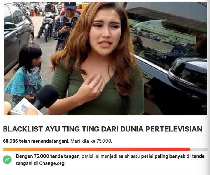 Muncul petisi berjudul 'Blacklist Ayu Ting Ting Dari Dunia Pertelevisian' dalam situs change.org.