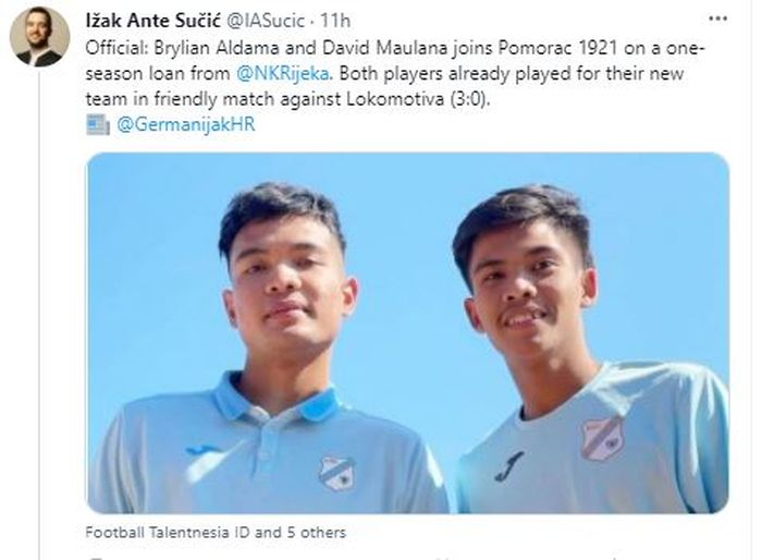 Duo gelandang timnas U-19 Indonesia di HNK Rijeka, Brylian Aldama dan David Maulana.