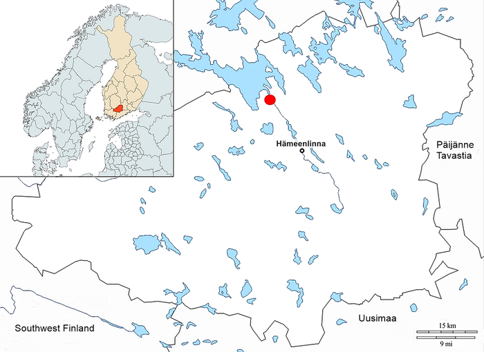 Lokasi wilayah H&auml;me (Tavastia) di Finlandia, dengan Suontaka, situs temuan arkeologi yang ditandai dengan titik merah.