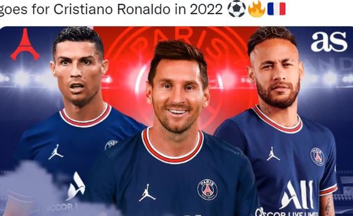 Ilustrasi Cristiano Ronaldo, Lionel Messi, dan Neymar menggunakan kostum Paris Saint-Germain.