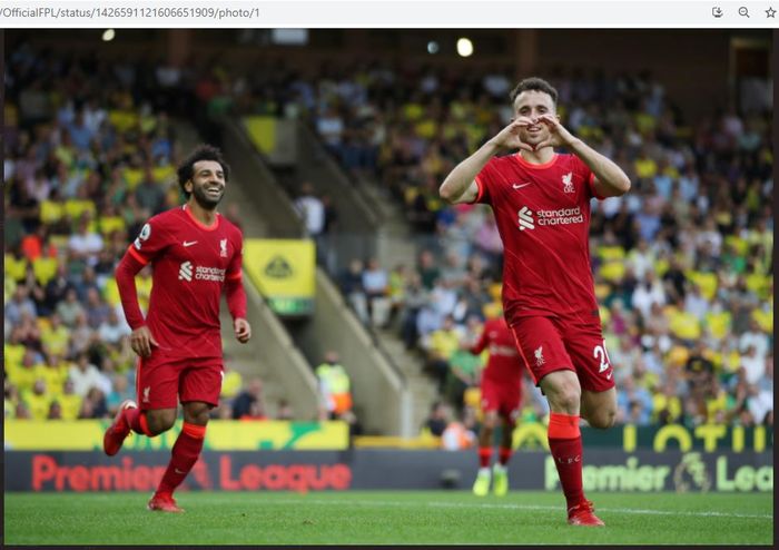 Penyerang Liverpool, Diogo Jota, merayakan gol ke gawang Norwich City pada pekan pertama Liga Inggris 2021-2022, Sabtu (14/8/2021).