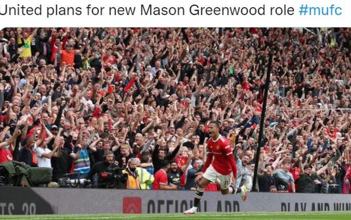 Striker Manchester United, Mason Greenwood, merayakan gol ke gawang Leeds United dalam laga Liga Inggris di Stadion Old Trafford, Sabtu (14/8/2021).