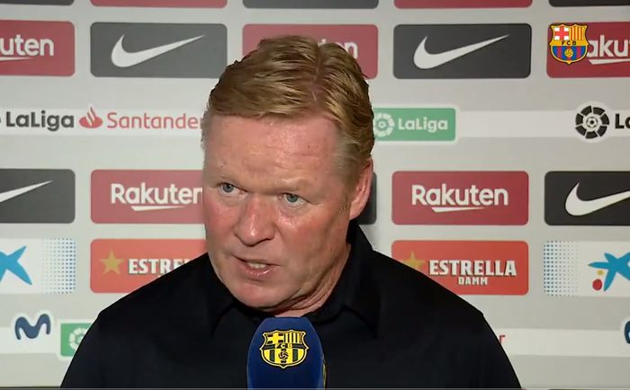 Pelatih Barcelona, Ronald Koeman, memberikan komentarnya usai laga perdana Liga Spanyol 2021-2022 di Camp Nou pada Minggu (15/8/2021) waktu setempat atau Senin dini hari WIB.