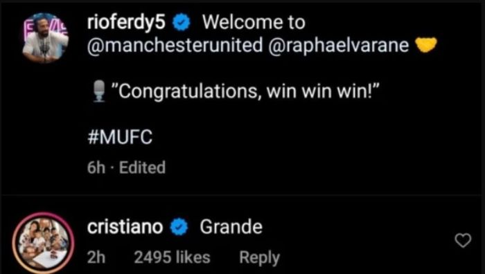 Komentar Cristiano Ronaldo di unggahan Rio Ferdinand.