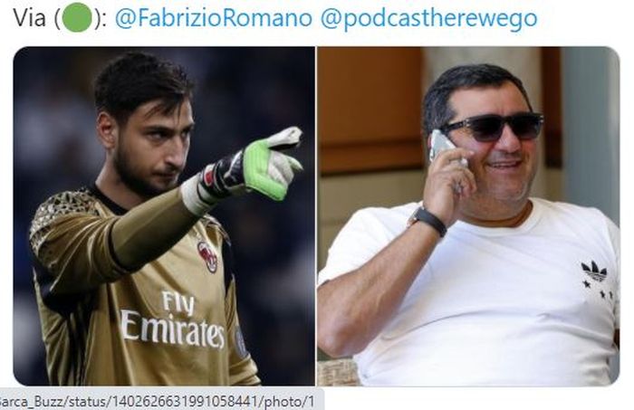 Mino Raiola (kanan) disebut sebagai biang keladi atas perginya Gianluigi Donnarumma (kiri) dari AC Milan.