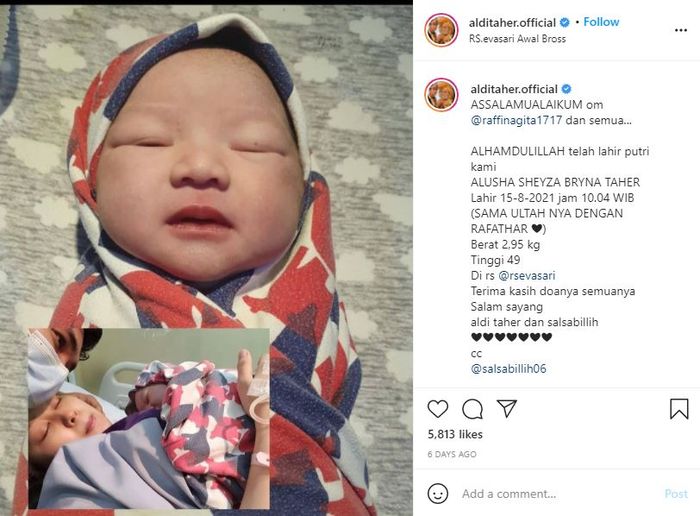 Unggahan Aldi Taher yang dikaruniai anak perempuan.