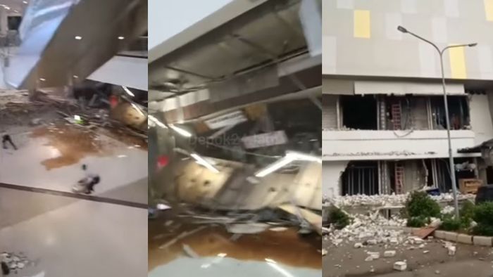 Kolase foto sebagian bangunan di Margo City Mall ambruk