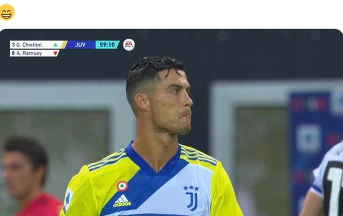 Ekspresi megabintang Juventus, Cristiano Ronaldo, dalam laga Liga Italia kontra Udinese di Stadion Dacia Arena, Minggu (22/8/2021).