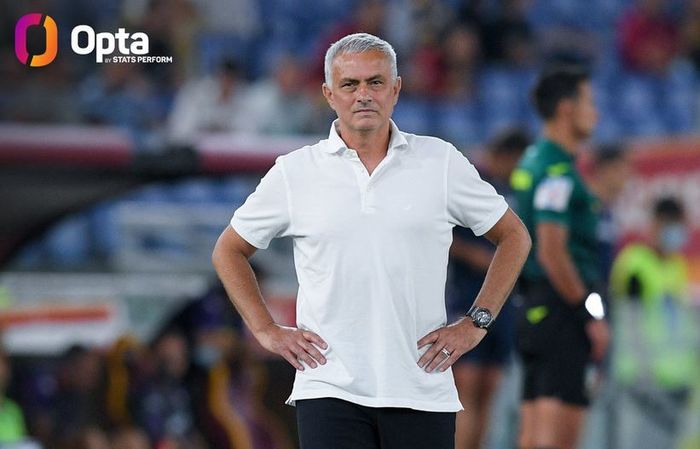 Ekspresi pelatih AS Roma, Jose Mourinho, dalam laga Liga Italia kontra Fiorentina di Stadion Olimpico, Minggu (22/8/2021).