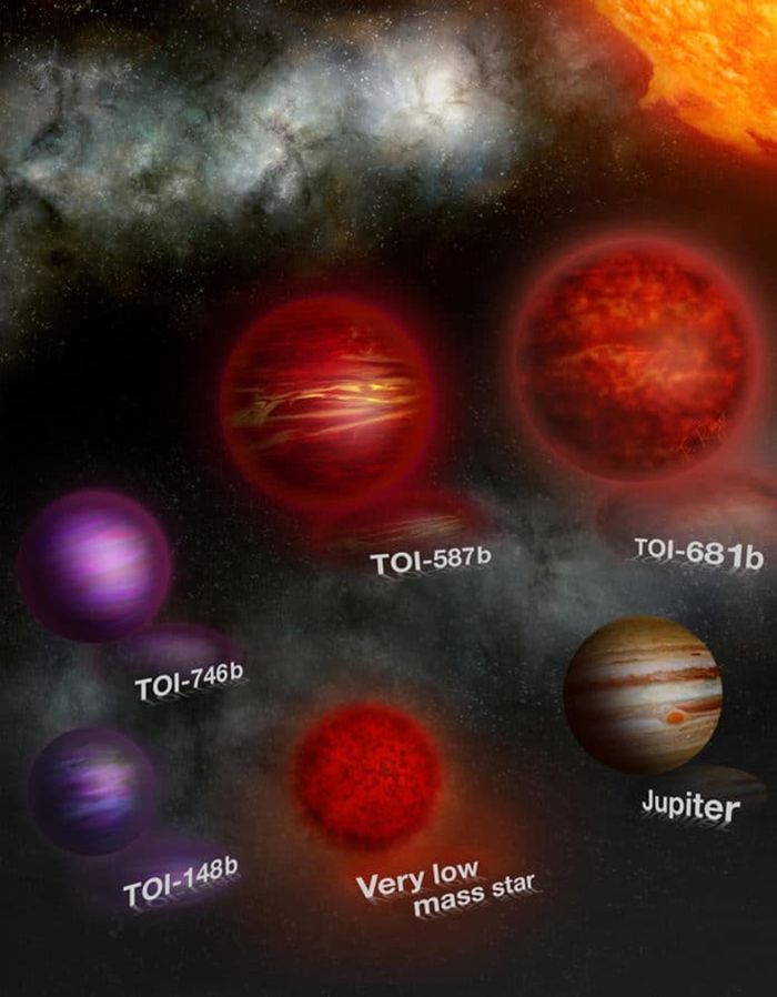 Ilustrasi artis ini mewakili lima katai cokelat yang ditemukan dengan satelit TESS. Objek-objek ini semuanya mengorbit dekat 5-27 hari di sekitar bintang induknya yang jauh lebih besar.