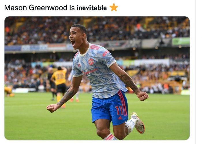 Selebrasi gol pemain Manchester United, Mason Greenwood, pada laga Liga Inggris melawan Wolverhampton Wanderers, Minggu (29/8/2021) di Stadion Molineux.