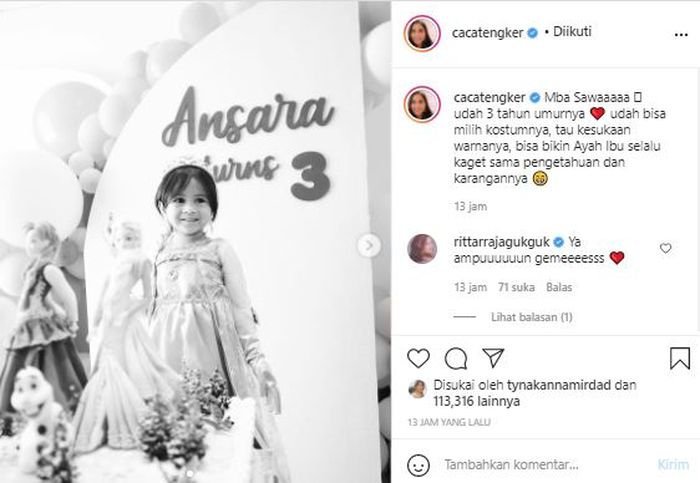 Adik Nagita Slavina, Caca Tengker, merayakan ulang tahun putri pertamanya, Ansara Maisadipta, yang ke-3.  
