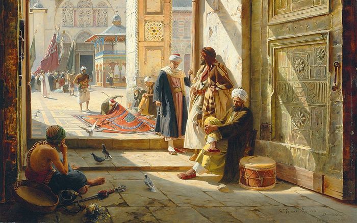 Sebuah lukisan suasana Gerbang Masjid Agung Umayyah di Damaskus. Lukisan bertanda tangan dan bertanggal 'G. Bauernfeind/Damaskus/München 1890' di sisi kanan bawah. Lukisan karya Gustav Bauernfeind (1848–1904).