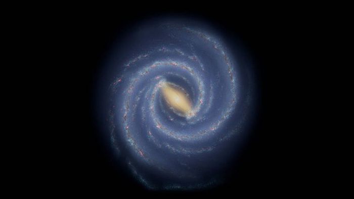 Ilustrasi ini menunjukkan pemahaman para astronom saat ini tentang struktur skala besar Bima Sakti. Bintang dan daerah pembentuk bintang sebagian besar dikelompokkan ke dalam lengan spiral. Mengukur bentuk, ukuran, dan jumlah lengan spiral merupakan tantangan karena Bumi terletak di dalam galaksi.