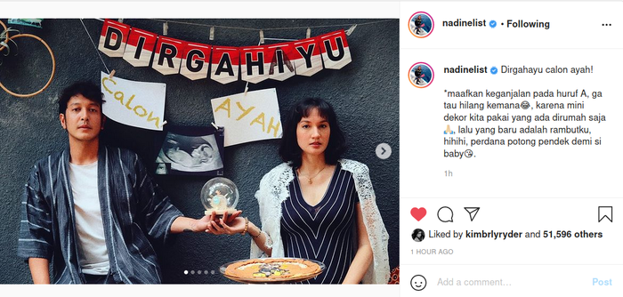 Unggahan Nadine Chandrawinata yang mengumumkan kehamilan anak pertama bertepatan dengan hari ulang tahun Dimas Anggara.
