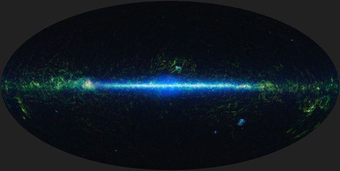 Mosaik ini menunjukkan seluruh langit yang dicitrakan oleh Wide-field Infrared Survey Explorer (WISE). Cahaya inframerah mengacu pada panjang gelombang yang lebih panjang dari yang terlihat oleh mata manusia.