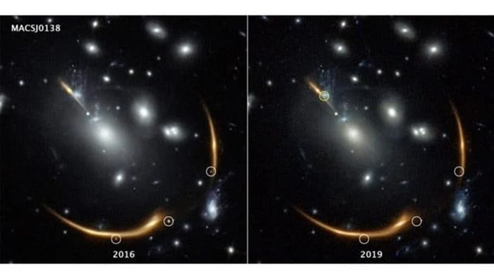 Tiga tampilan supernova yang sama muncul pada gambar 2016 di sebelah kiri, yang diambil oleh Teleskop Luar Angkasa Hubble. Tapi mereka hilang dalam gambar 2019.