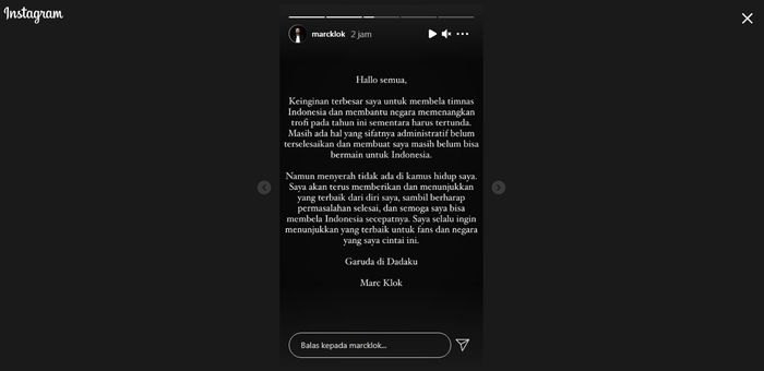 Tangkapan layar instagram stories Marc Klok, Jumat (17/9/2021)