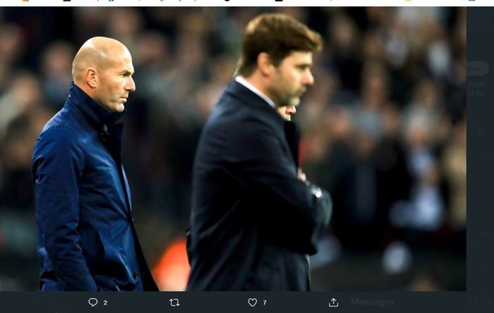 Zinedine Zidane saat menghadapi tim asuhan Mauricio Pochettino (kanan).