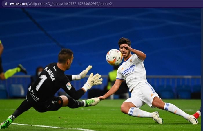 Pemain Real Madrid, Marco Asensio, mencetak gol ke gawang Real Mallorca di Stadion Santiago Bernabeu dalam laga pekan keenam Liga Spanyol 2021-2022 pada Rabu (22/9/2021) waktu setempat atau Kamis pukul 03.00 WIB. 