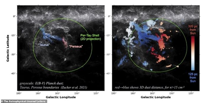 Rongga itu terletak di antara konstelasi Perseus dan Taurus dan dikelilingi oleh awan molekul, tempat bintang-bintang lahir.