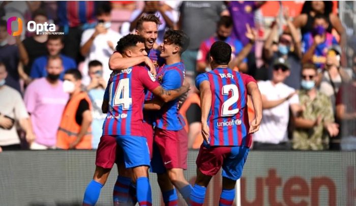 Luuk de Jong dikerubuti rekan setimnya usai mencetak gol Barcelona ke gawang Levante pada lanjutan Liga Spanyol di Camp Nou, 26 September 2021.