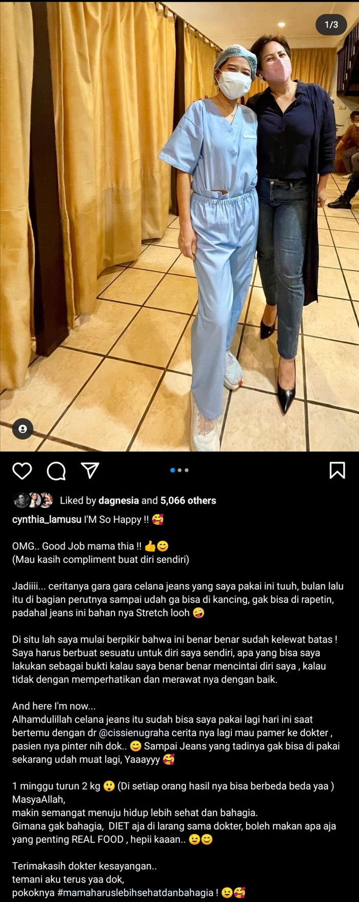 Unggahan Cynthia Lamusu yang berhasil menurunkan berat badan.