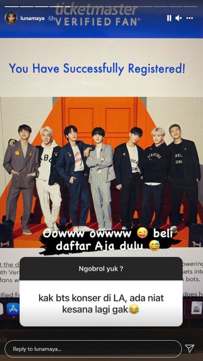 Luna Maya telah mendaftar untuk pembelian tiket konser BTS di Los Angeles.