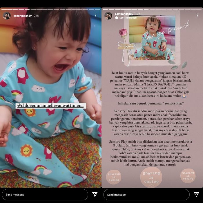 Unggahan Asmirandah saat anaknya bermain sensory play.