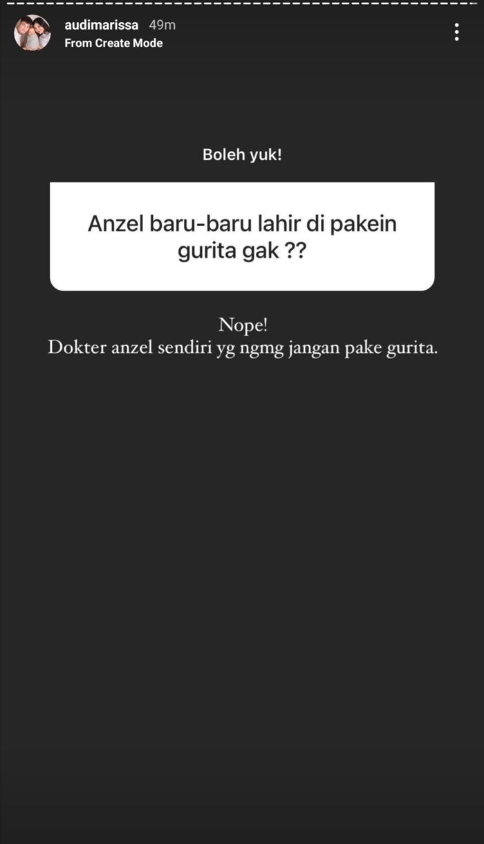 Unggahan Audi Marissa tentang penggunaan gurita pada bayi.