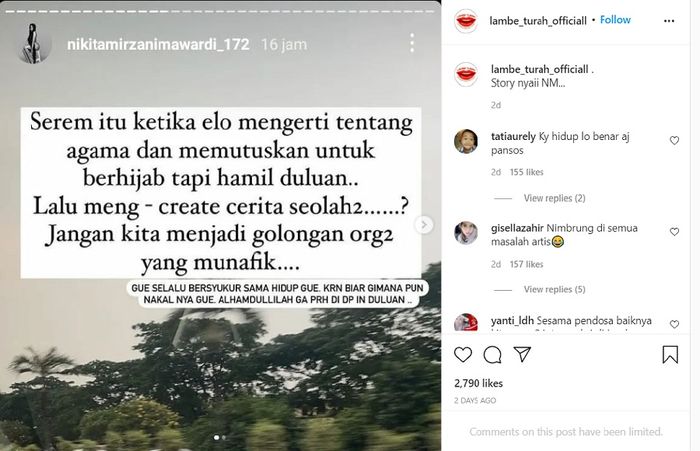 Postingan Nikita Mirzani buat Leslar Lovers geram.