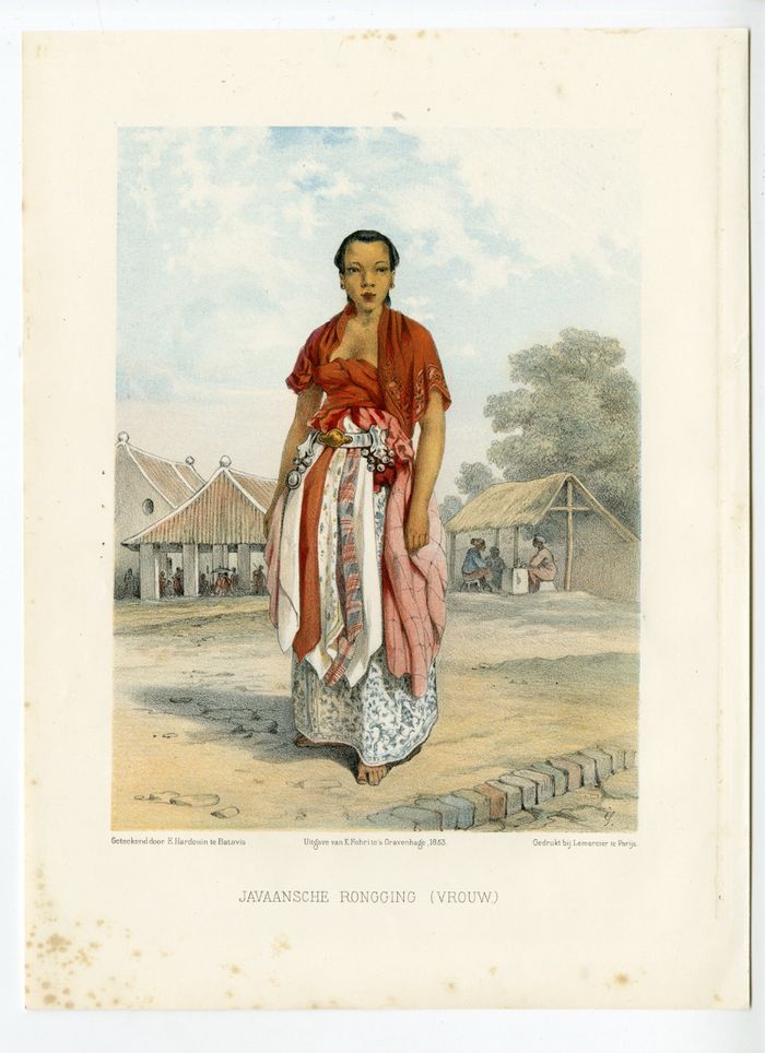 Sosok perempuan yang bekerja sebagai penari ronggeng di Jawa. Litografi berdasar karya Hardouin, publikasi oleh H.M. Lange pada 1855.