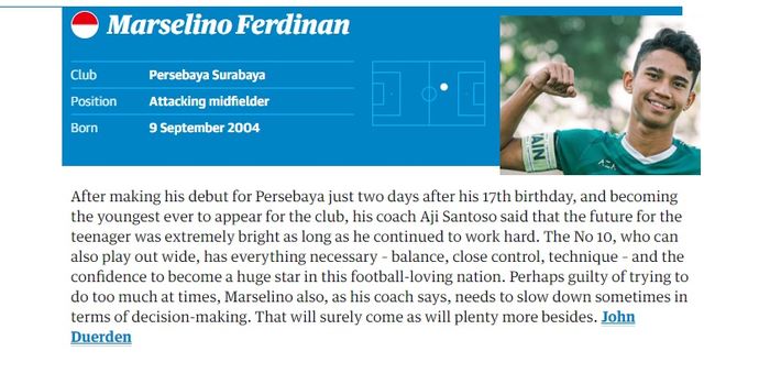 Wonderkid Persebaya Surabaya, Marselino Ferdinan, masuk dalam daftar 60 pemain muda terbaik 2021 versi Guardian.