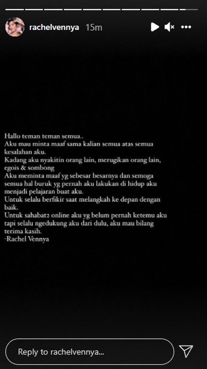 Permohonan maaf Rachel Vennya