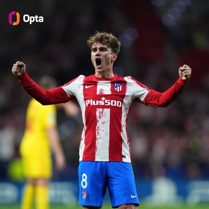 Penyerang Atletico Madrid, Antoine Griezmann, merayakan gol ke gawang Liverpool dalam matchday ketiga Grup B Liga Champions 2021-2022 di Estadio Wanda Metropolitano pada Selasa (19/10/2021) waktu setempat atau Rabu pukul 02.00 WIB.