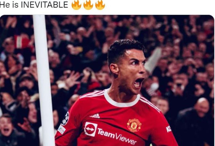 Megabintang Manchester United, Cristiano Ronaldo, merayakan gol ke gawang Atalanta dalam laga Grup F Liga Champions di Stadion Old Trafford, Rabu (20/10/2021).